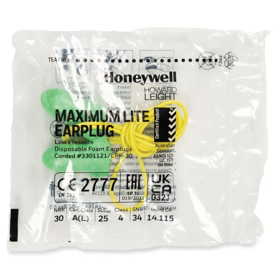 Howard Leight by Honeywell 30NRR MAXIMUM Lite Corded Single-Use Earplugs - Green (100/Box)