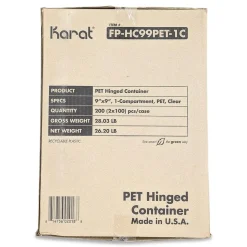 Karat PET Plastic Hinged Container 9 x 9 x 3.6 Clear Plastic 100/Pack 2 Packs/Carton