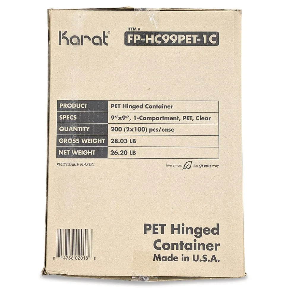 Karat PET Plastic Hinged Container 9 x 9 x 3.6 Clear Plastic 100/Pack 2 Packs/Carton