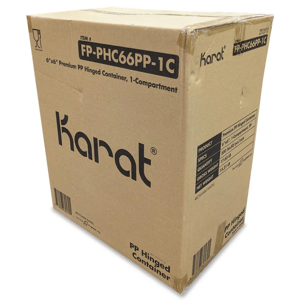 Karat Polypropylene Plastic Hinged Container 6 x 6 x 3 Black/Clear Plastic 50/Pack 6 Packs/Carton