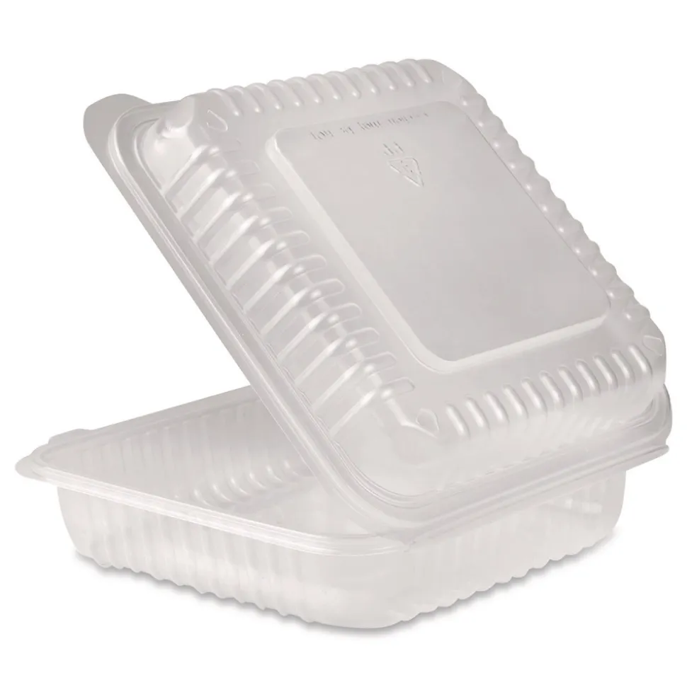 Karat Polypropylene Plastic Hinged Container 9.35 x 9.22 x 3.17 Clear Plastic 50/Pack 4 Packs/Carton