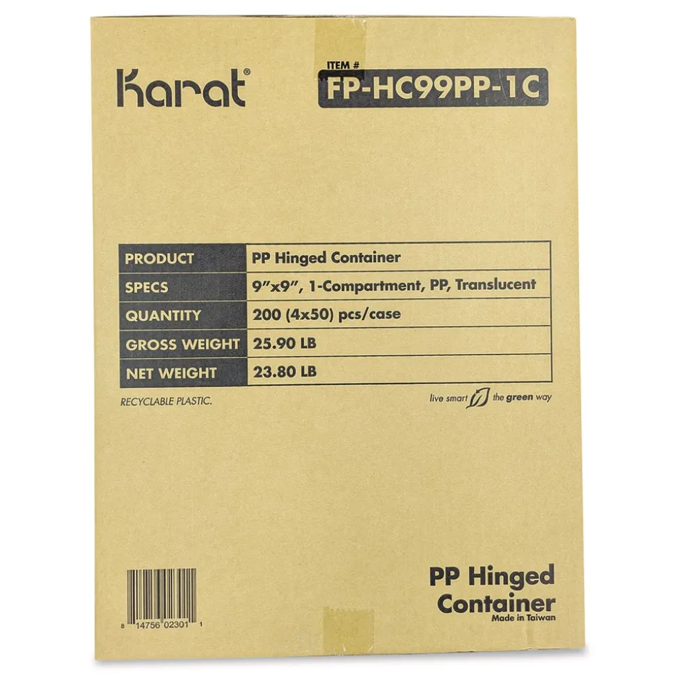 Karat Polypropylene Plastic Hinged Container 9.35 x 9.22 x 3.17 Clear Plastic 50/Pack 4 Packs/Carton