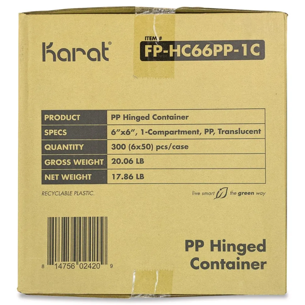 Karat Polypropylene Plastic Hinged Container 6 x 6 x 3.3 Clear Plastic 50/Pack 6 Packs/Carton