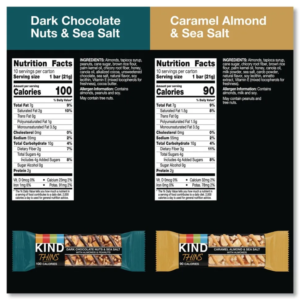 KIND 0.74 oz Thins Bar Variety Pack - Caramel Almond and Sea Salt/Dark Chocolate Nuts and Sea Salt (20/Box)