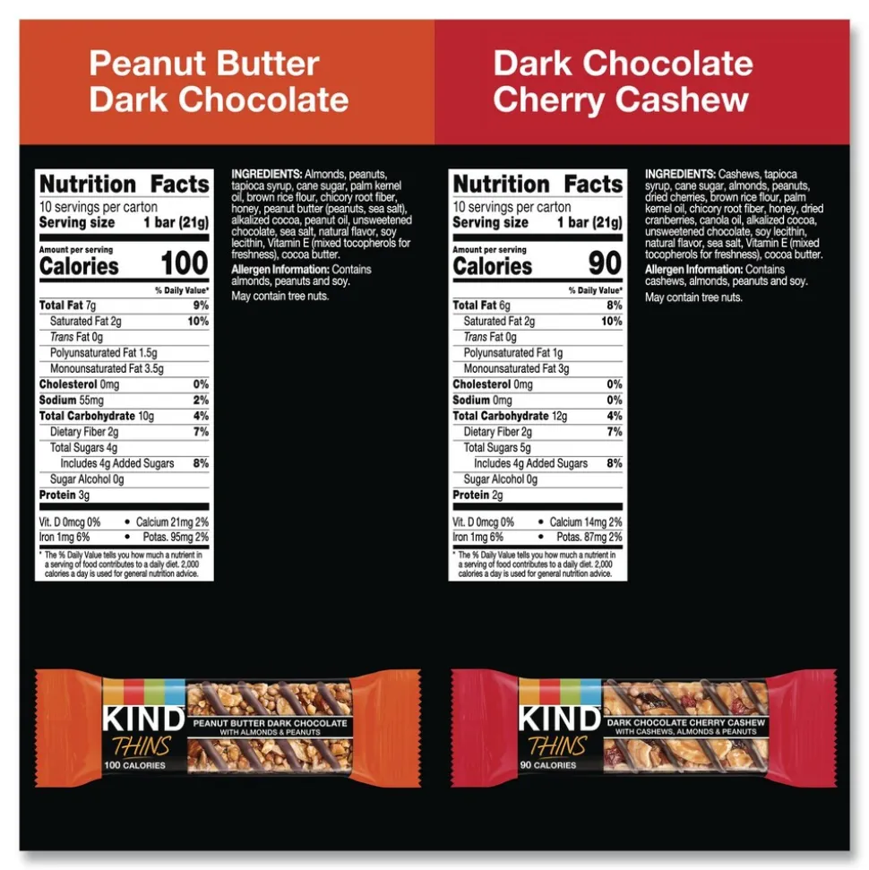 KIND 0.74 oz Thins Bar Variety Pack - Dark Chocolate Cherry Cashew/Peanut Butter Dark Chocolate (20/Box)