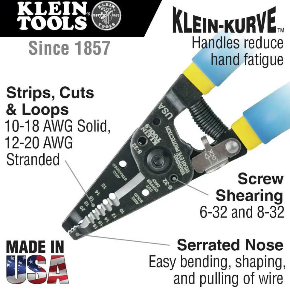 Klein Tools 7.4 in. Solid and Stranded Copper Wire Stripper and Cutter - Blue/Yellow