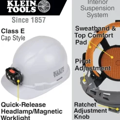 Klein Tools Non-Vented Cap Style Hard Hat with Rechargeable Headlamp - White