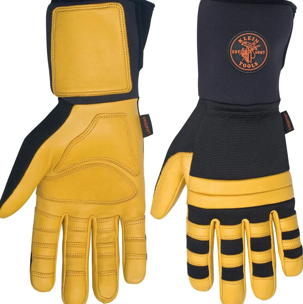 Klein Tools Soft Grain Leather Lineman Work Gloves with Padded Knuckles - Black/ Yellow, X-Large