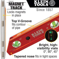 Klein Tools Water/Impact Resistant Lighted Torpedo Level with Magnet, 3 Vials and V-Groove