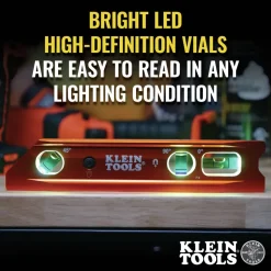 Klein Tools Water/Impact Resistant Lighted Torpedo Level with Magnet, 3 Vials and V-Groove