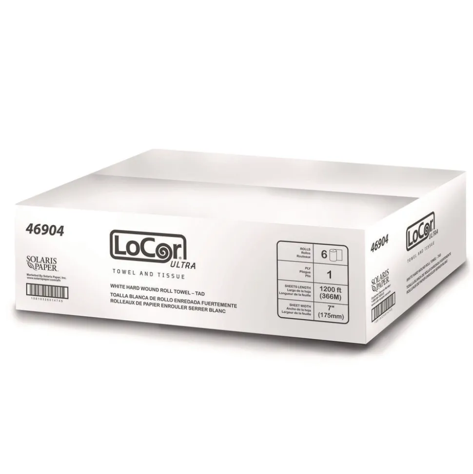 LoCor 7 in. x 1,200 ft. 1-Ply Hard Wound TAD Roll Towel - White (6/Carton)