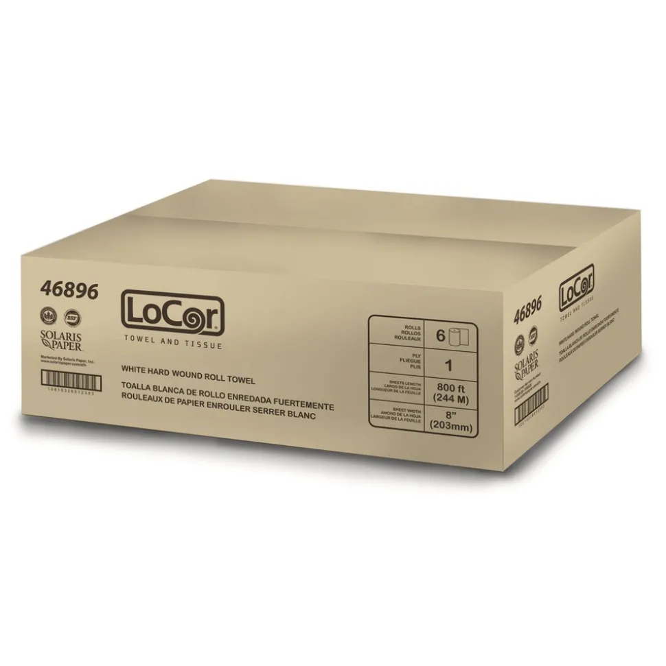 LoCor 8 in. x 800 ft. 1-Ply Hard Wound Roll Towel - White (6/Carton)