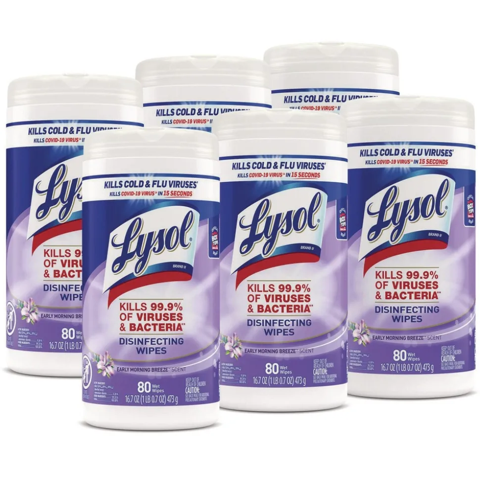 LYSOL Brand 19200-89347 7 in. x 7.25 in. 1-Ply Disinfecting Wipes - Early Morning Breeze, White (6 Canisters/Carton)