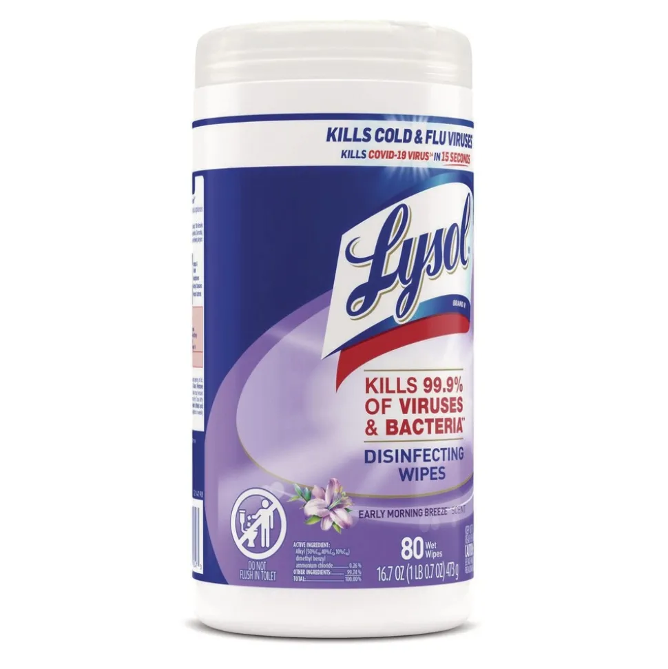 LYSOL Brand 19200-89347 7 in. x 7.25 in. 1-Ply Disinfecting Wipes - Early Morning Breeze, White (6 Canisters/Carton)