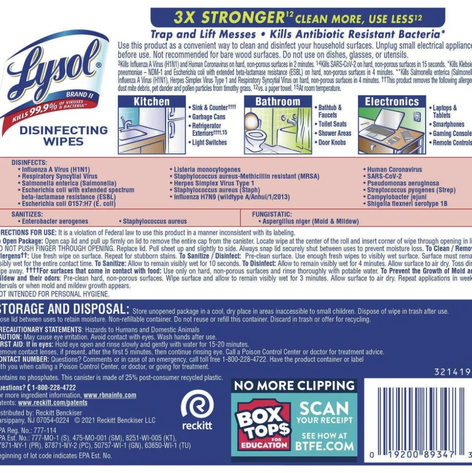 LYSOL Brand 19200-89347 7 in. x 7.25 in. 1-Ply Disinfecting Wipes - Early Morning Breeze, White (6 Canisters/Carton)