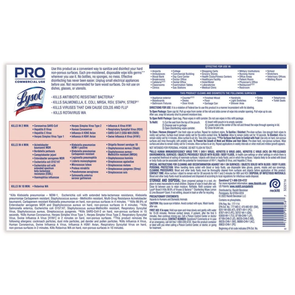 LYSOL Brand 19200-99856 6 in. x 8 in. 1-Ply Professional Disinfecting Wipe Bucket - Lemon and Lime Blossom White (2/Carton)