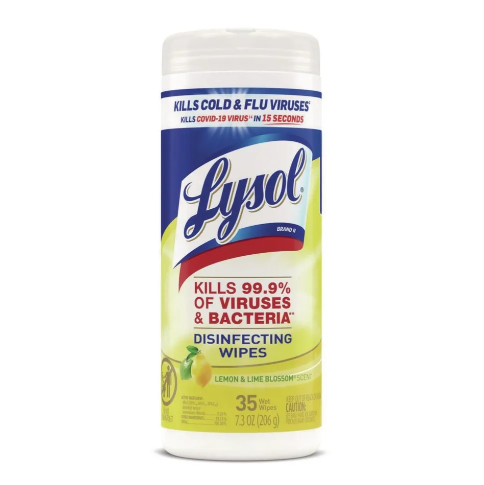 LYSOL Brand 7 in. x 7.25 in. 1-Ply Disinfecting Wipes - Lemon and Lime Blossom, White (35 Wipes/Canister, 12 Canisters/Carton)