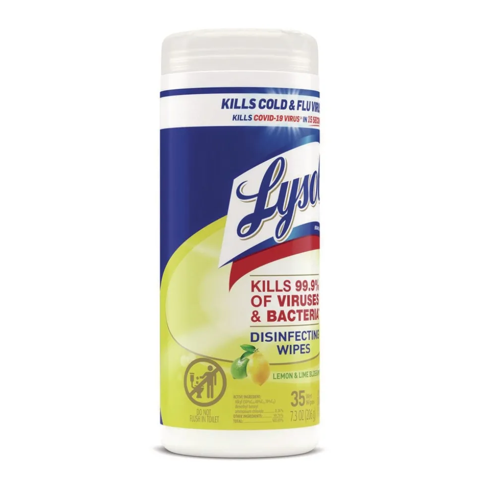 LYSOL Brand 7 in. x 7.25 in. 1-Ply Disinfecting Wipes - Lemon and Lime Blossom, White (35 Wipes/Canister, 12 Canisters/Carton)