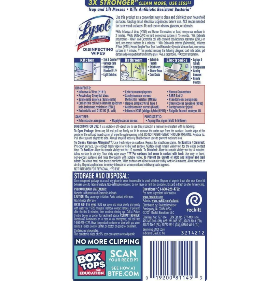 LYSOL Brand 7 in. x 7.25 in. 1-Ply Disinfecting Wipes - Lemon and Lime Blossom, White (35 Wipes/Canister, 12 Canisters/Carton)