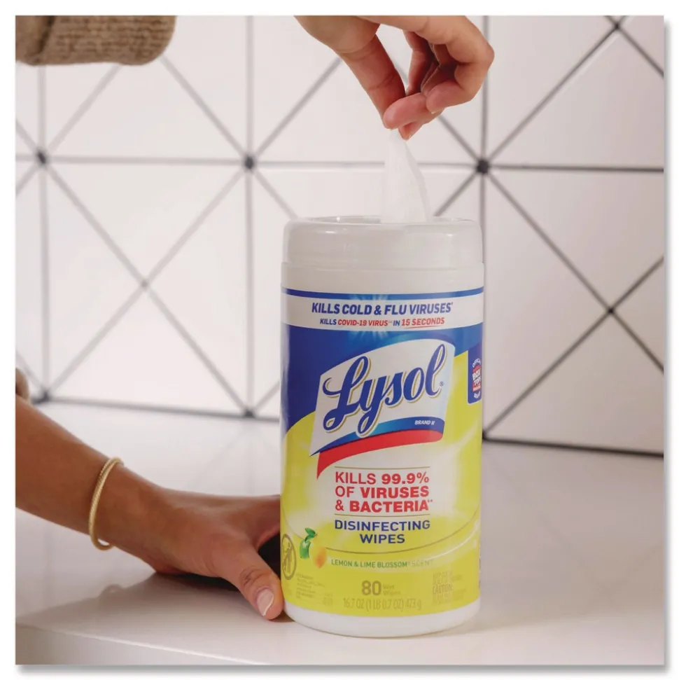 LYSOL Brand 7 in. x 7.25 in. 1-Ply Disinfecting Wipes - Lemon and Lime Blossom, White (80 Wipes/Canister)