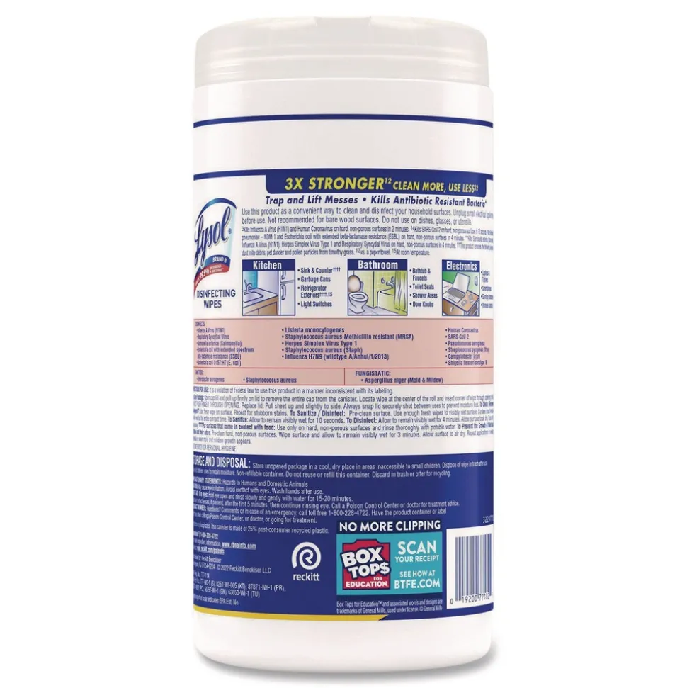 LYSOL Brand 7 in. x 7.25 in. 1-Ply Disinfecting Wipes - Lemon and Lime Blossom, White (80 Wipes/Canister)