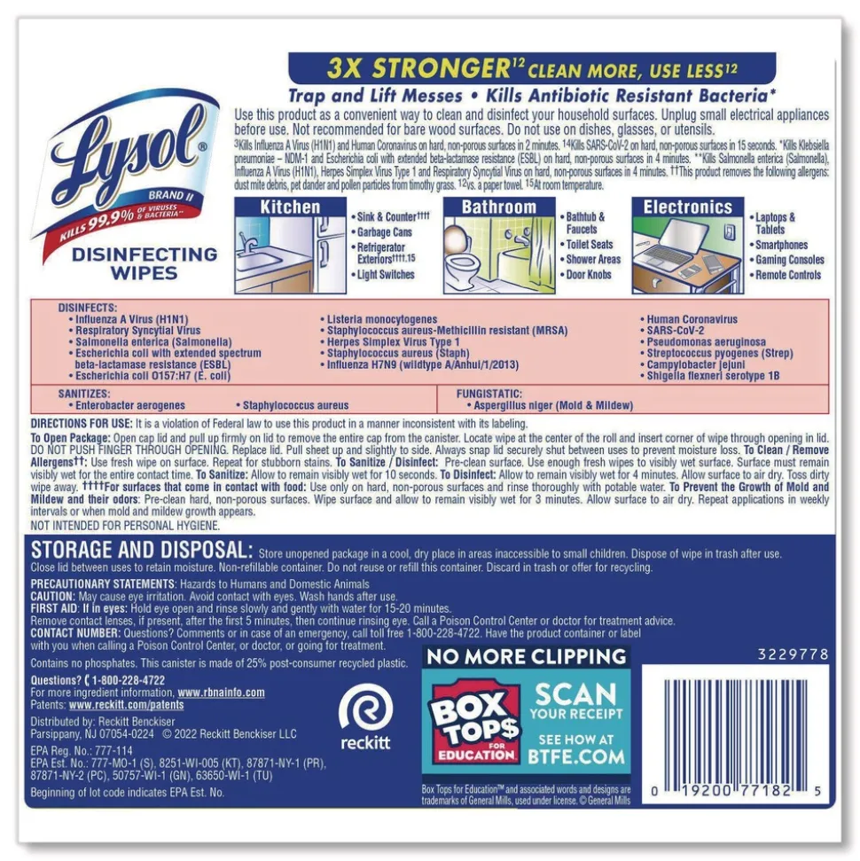 LYSOL Brand 7 in. x 7.25 in. 1-Ply Disinfecting Wipes - Lemon and Lime Blossom, White (80 Wipes/Canister)