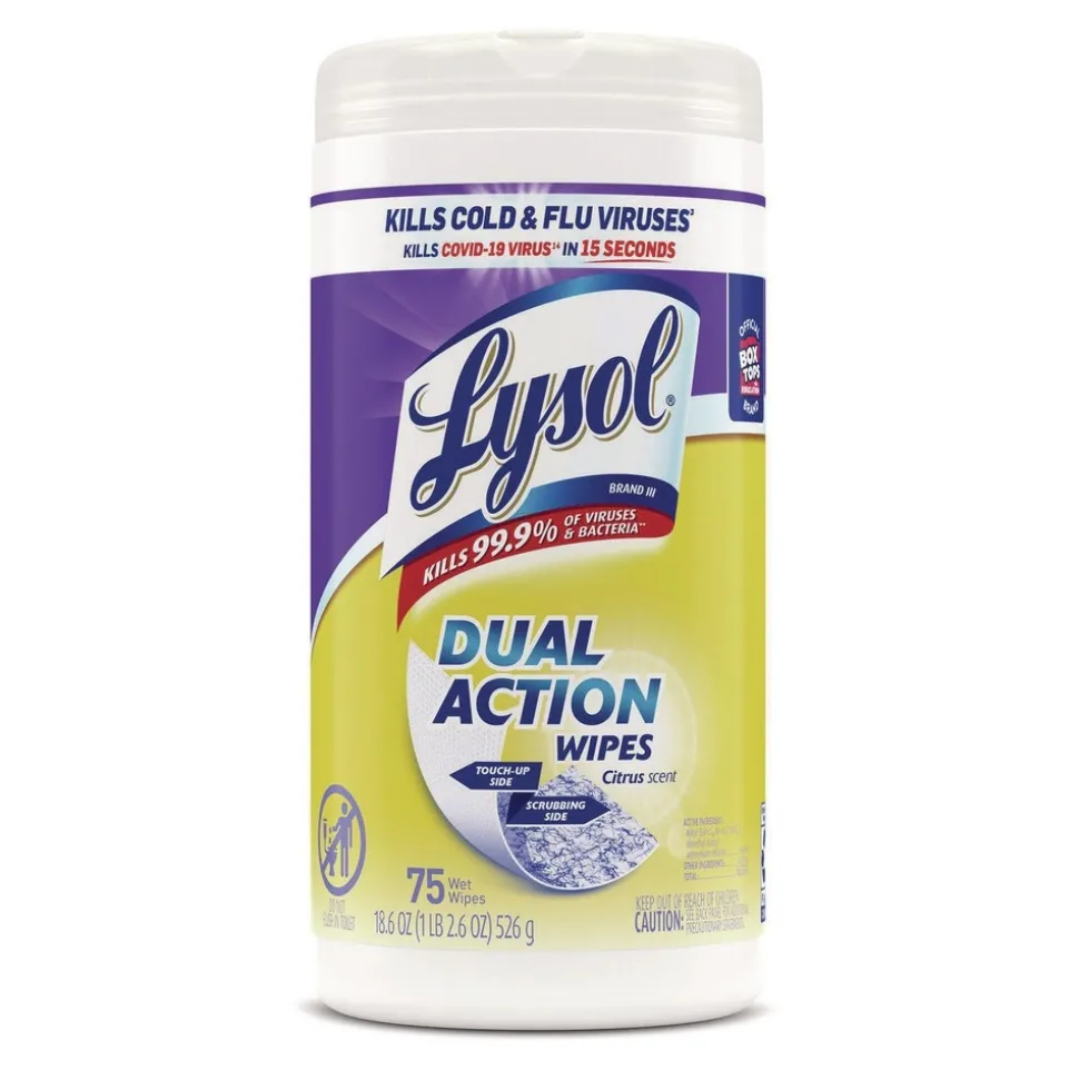 LYSOL Brand 7 in. x 7.5 in. 1-Ply Dual Action Disinfecting Wipes - Citrus, White/Purple (6 Canisters/Carton)