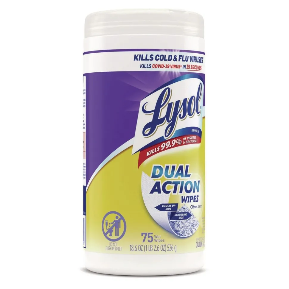 LYSOL Brand 7 in. x 7.5 in. 1-Ply Dual Action Disinfecting Wipes - Citrus, White/Purple (6 Canisters/Carton)