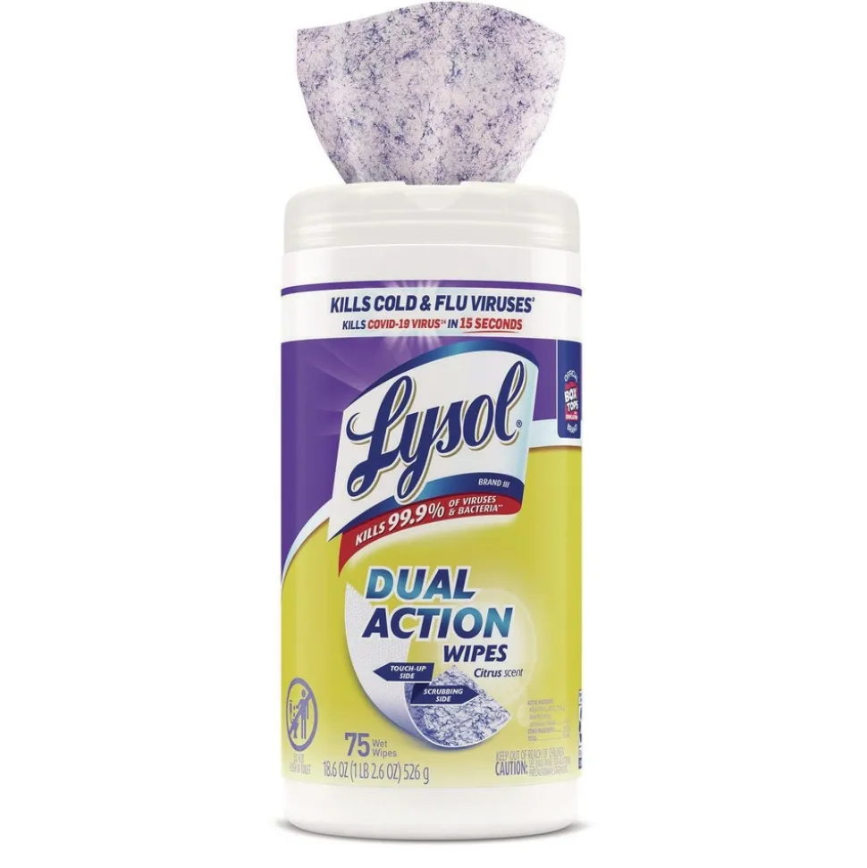 LYSOL Brand 7 in. x 7.5 in. 1-Ply Dual Action Disinfecting Wipes - Citrus, White/Purple (6 Canisters/Carton)