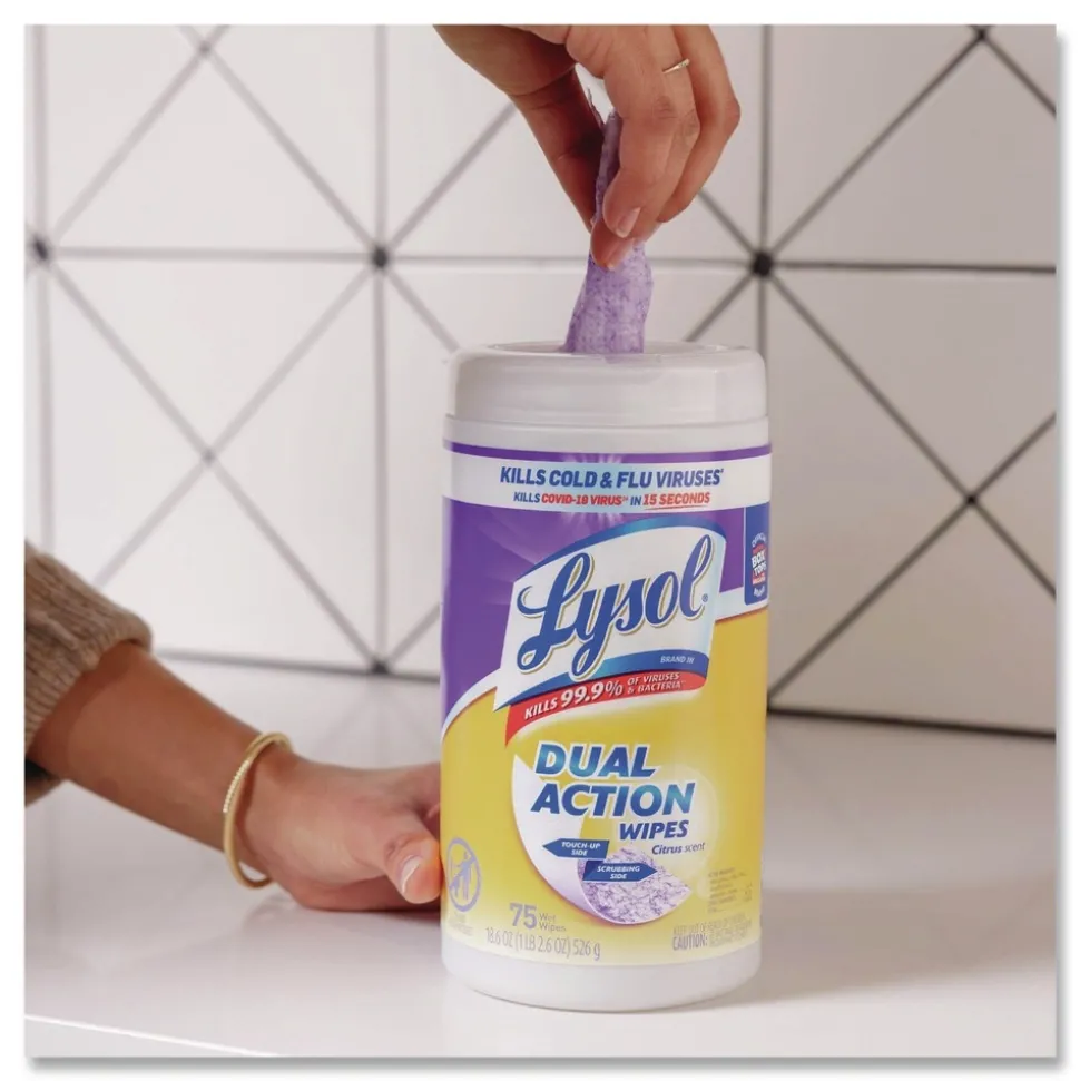 LYSOL Brand 7 in. x 7.5 in. 1-Ply Dual Action Disinfecting Wipes - Citrus, White/Purple (6 Canisters/Carton)