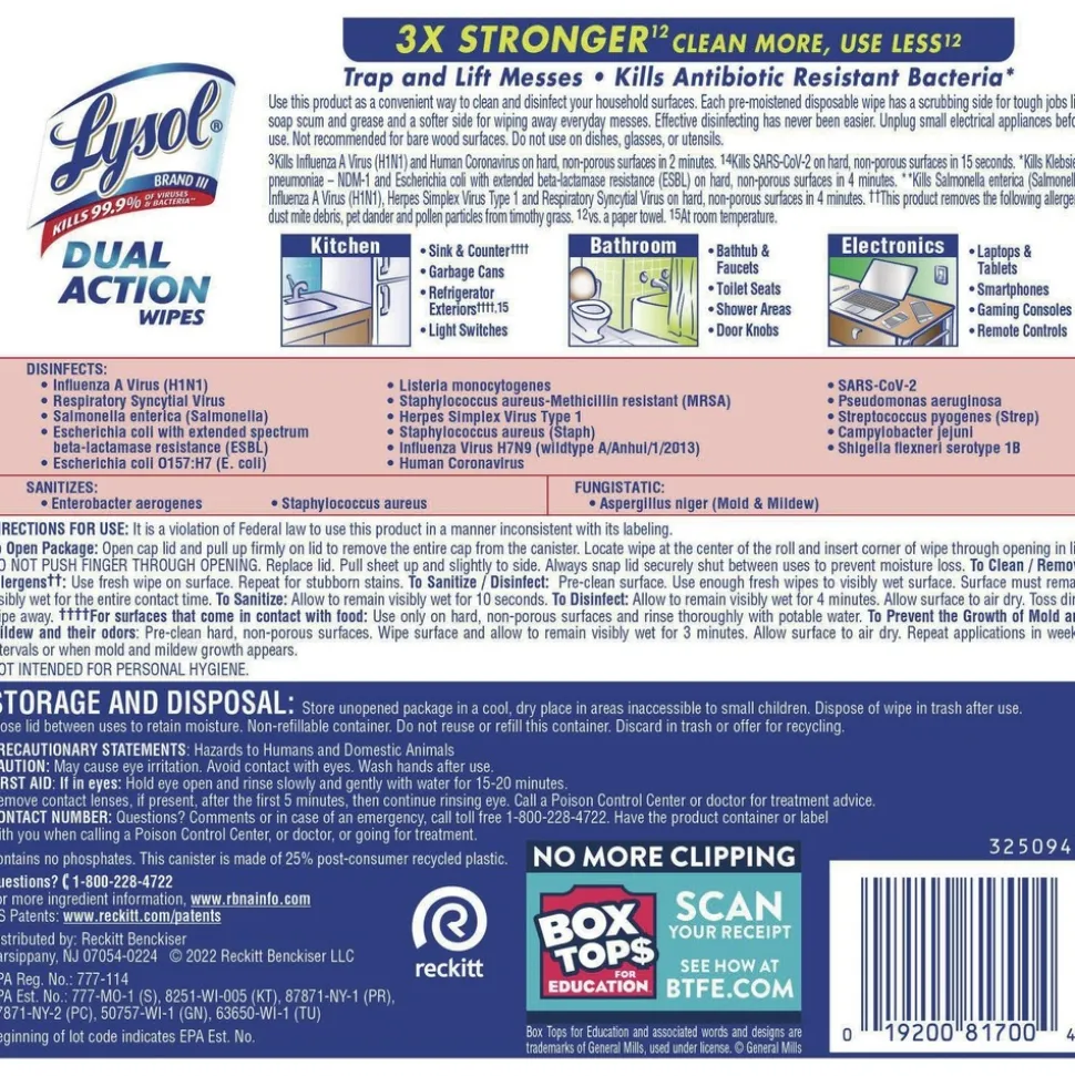 LYSOL Brand 7 in. x 7.5 in. 1-Ply Dual Action Disinfecting Wipes - Citrus, White/Purple (6 Canisters/Carton)