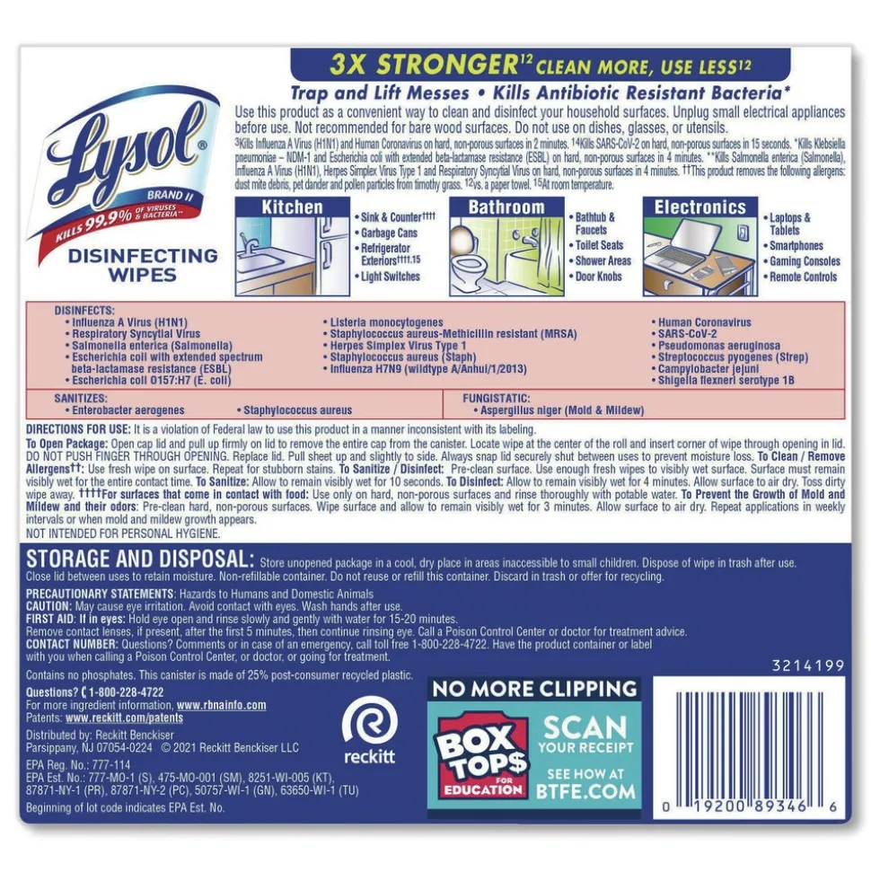 LYSOL Brand 7 in. x 7.25 in. 1-Ply Disinfecting Wipes - Crisp Linen/White