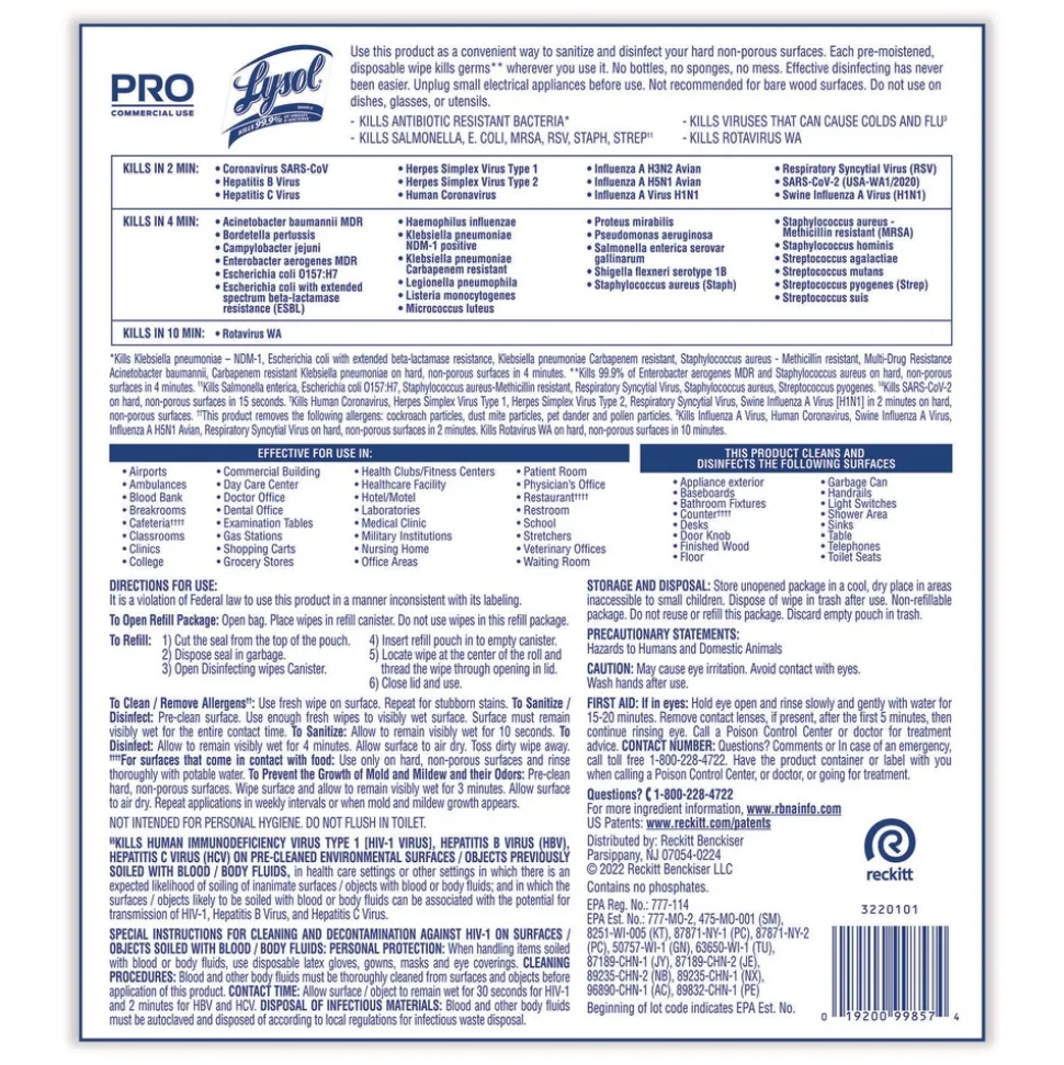 LYSOL Brand 6 in. x 8 in. 1-Ply Professional Disinfecting Wipe Bucket Refill - Lemon and Lime Blossom White (2/Carton)