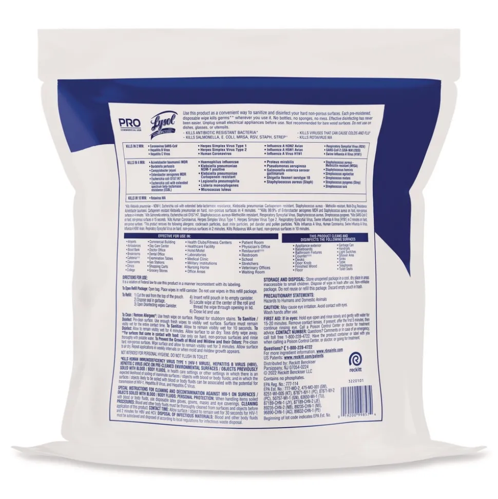 LYSOL Brand 6 in. x 8 in. 1-Ply Professional Disinfecting Wipe Bucket Refill - Lemon and Lime Blossom White (2/Carton)