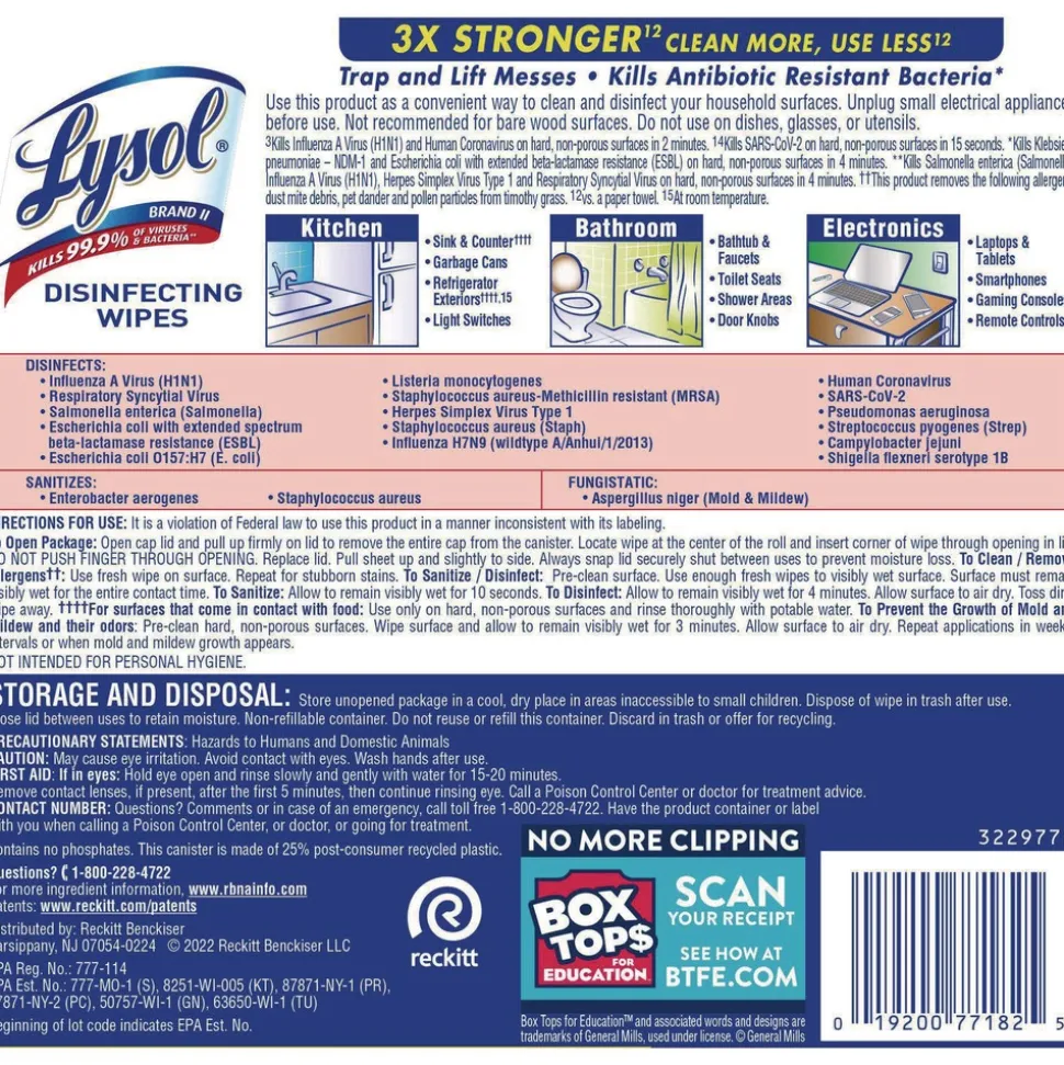 LYSOL Brand 1 Ply 7 in. x 7.25 in. Lemon and Lime Blossom Disinfecting Wipes - White (6/Carton)