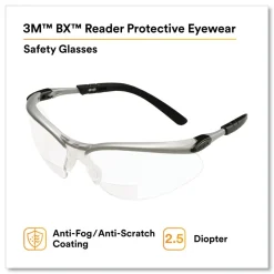 3M BX Molded-In 2.5plus Diopter Strength Safety Glasses - Silver/Black Frame, Clear Lens