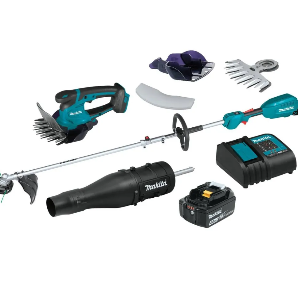 Makita 18V LXT Cordless Couple Shaft Power Head with 13 in. String Trimmer & Blower Attachment and 6‑5/16 in. Cordless Grass Shear Bundle