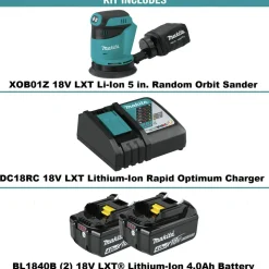Makita 18V LXT Lithium-Ion 5 in. Cordless Random Orbit Sander and 2 Batteries with Rapid Optimum Charger Bundle (4 Ah)