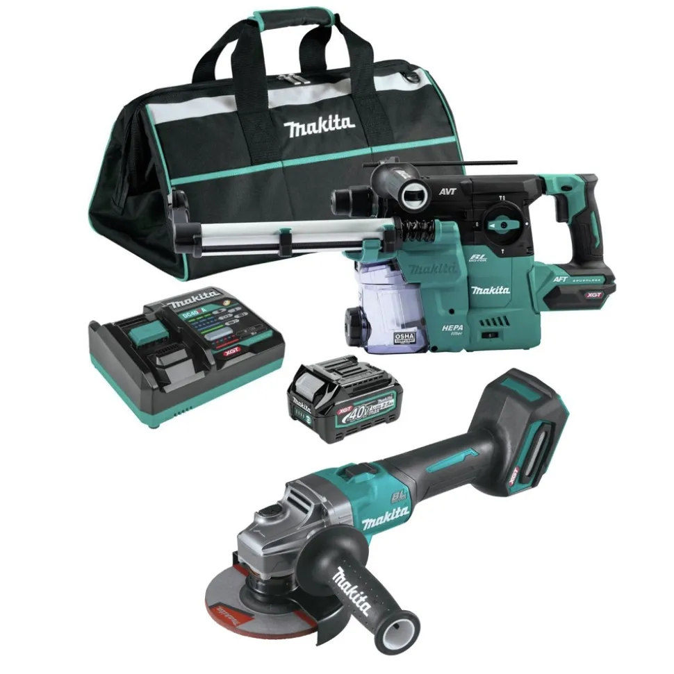 Makita 40V max XGT 1‑3/16 in. SDS‑Plus Cordless Rotary Hammer Kit with Dust Extractor and 4‑1/2 in. / 5 in. Angle Grinder with Electric Brake Virtual Bundle