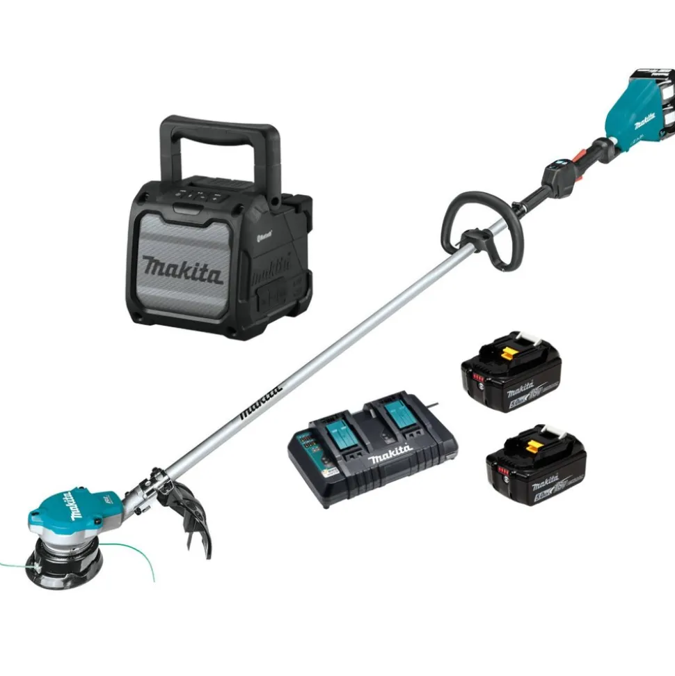 Makita 36V (18V X2) LXT Brushless Cordless String Trimmer with (2) 5 Ah Batteries and 18V LXT/12V max CXT Cordless/Corded Bluetooth Job Site Speaker Bundle