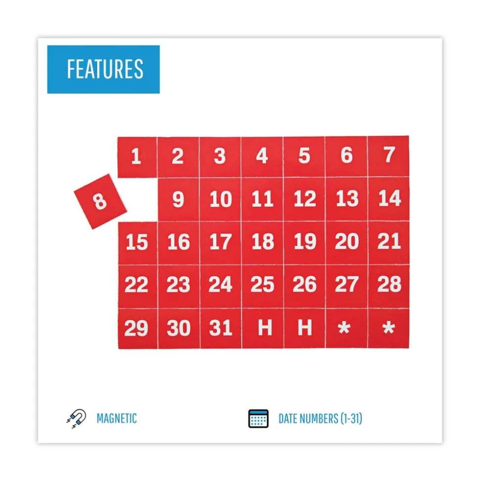 MasterVision 1 in. x 1 in. Calendar Dates Interchangeable Magnetic Board Accessories - Red/White (35/Pack)