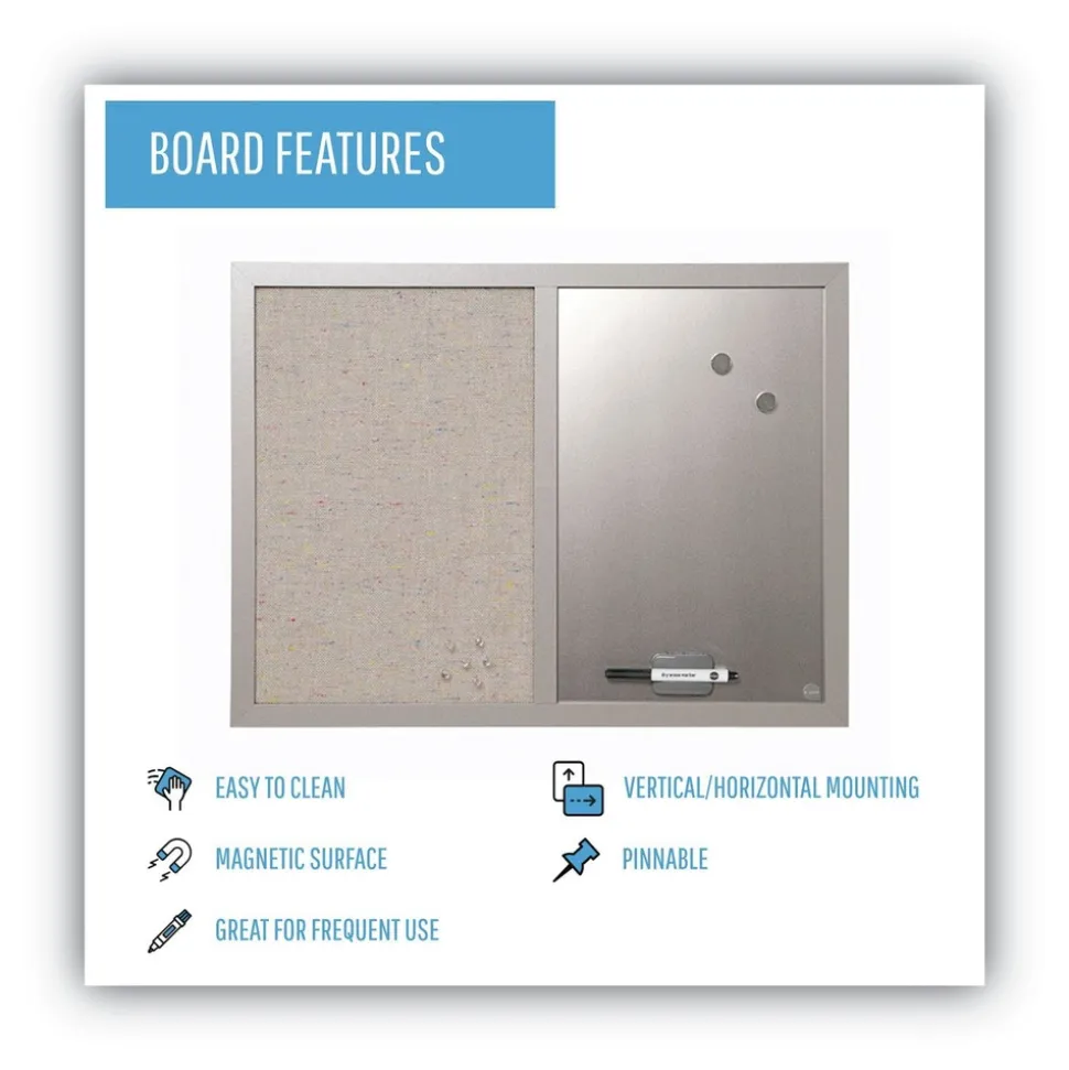 MasterVision 24 in. x 18 in. Gray MDF Wood Frame Designer Combo Fabric Bulletin/Dry Erase Board - Multicolor/Gray