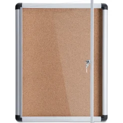 MasterVision 28 in. x 38 in. Slim-Line Enclosed Cork Bulletin Board with One Door - Tan Surface/Satin Aluminum Frame