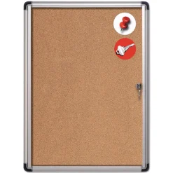 MasterVision 28 in. x 38 in. Slim-Line Enclosed Cork Bulletin Board with One Door - Tan Surface/Satin Aluminum Frame