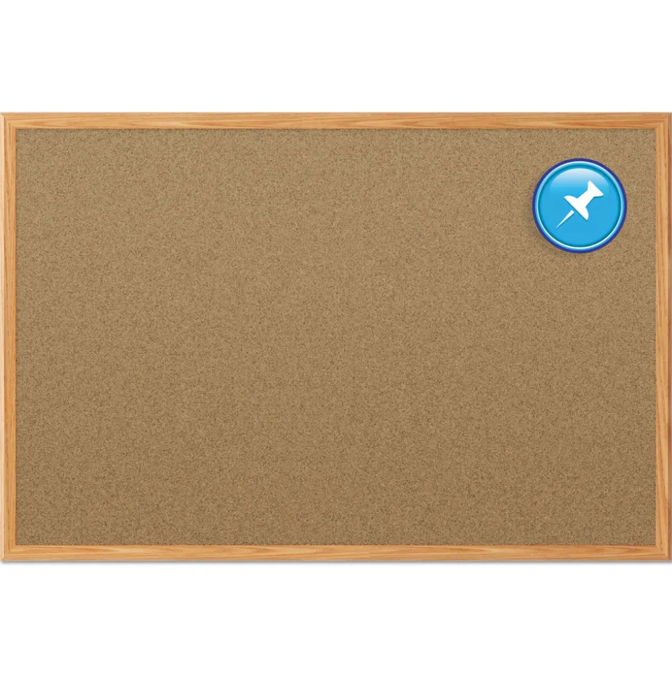 Mead 48 in. x 36 in. Economy Cork Board with Oak Frame - Tan Surface/Oak Finished Fiberboard (MDF) Frame