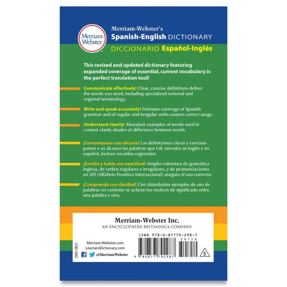Merriam Webster 928 Pages Paperback Spanish-English Dictionary