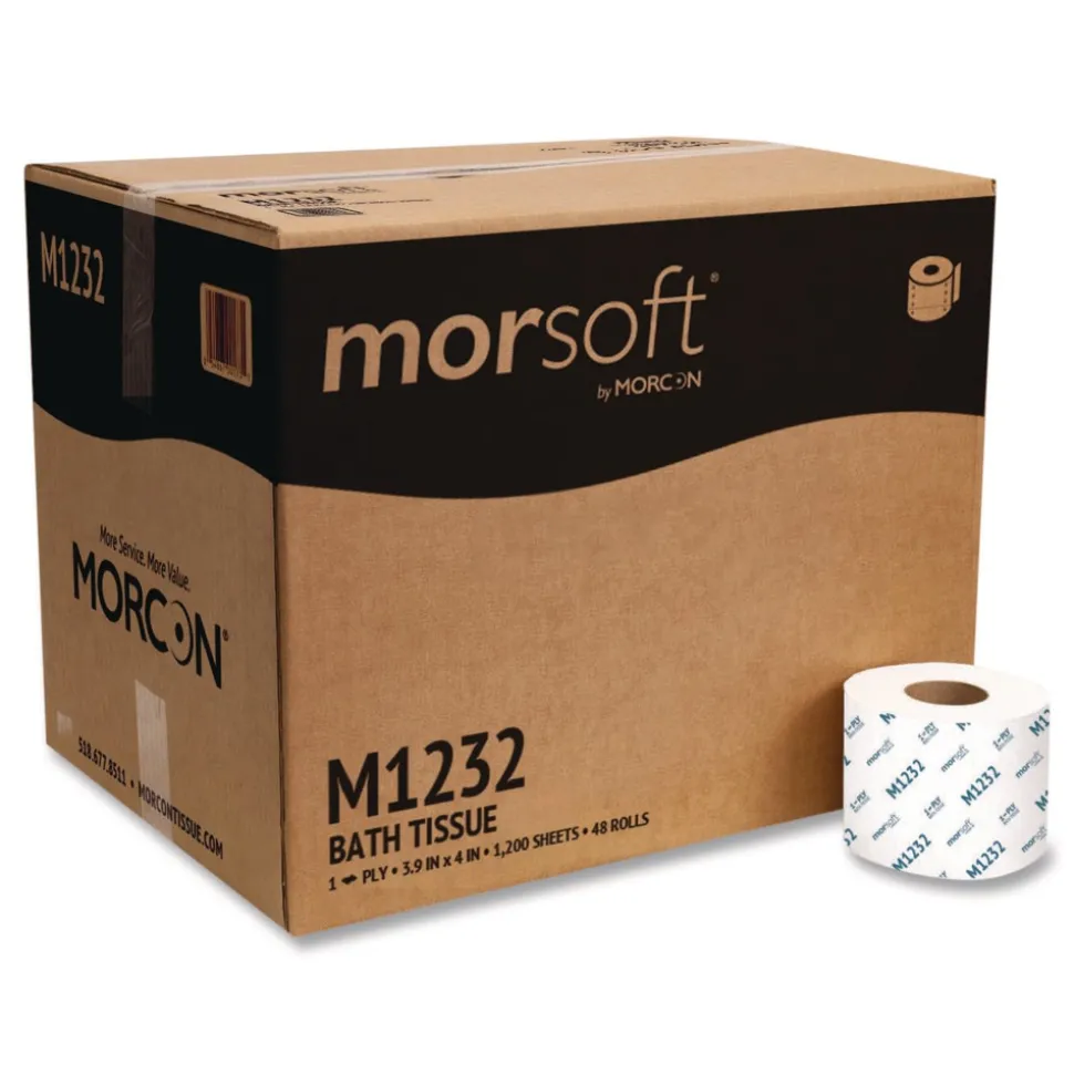 Morcon Paper Morsoft Controlled Bath Tissue, Septic Safe, 1-Ply, White, 1,200 Sheets/Roll, 48 Rolls/Carton