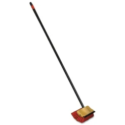 Nexstep Commercial Products 10 in. Bi-Level Floor Scrub Brush with 54 in. Handle - Red Polypropylene Bristles/Black Metal Handle