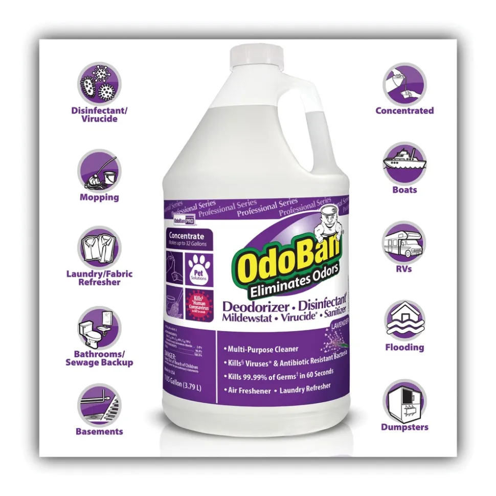 OdoBan 1 Gallon Bottle Concentrate Odor Eliminator and Disinfectant - Lavender Scent (4/Carton)