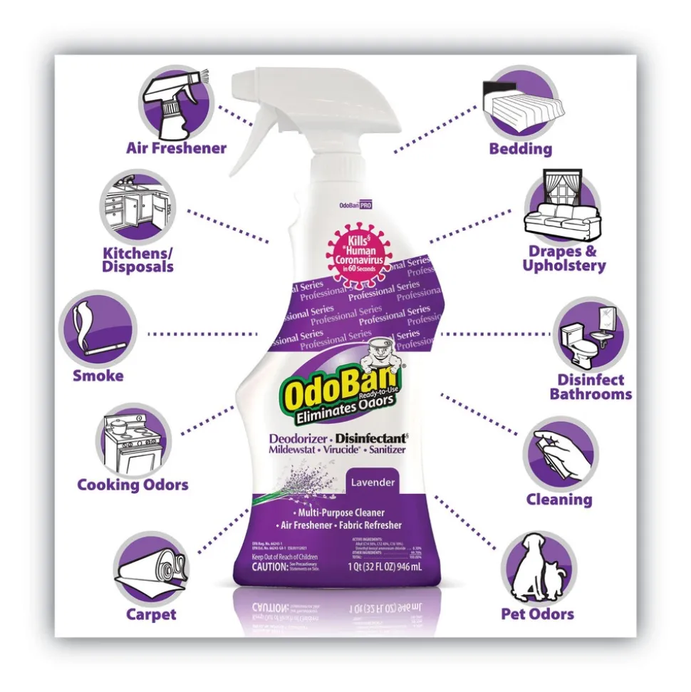OdoBan 32 oz. Spray Bottle RTU Odor Eliminator and Disinfectant - Lavender (12/Carton)